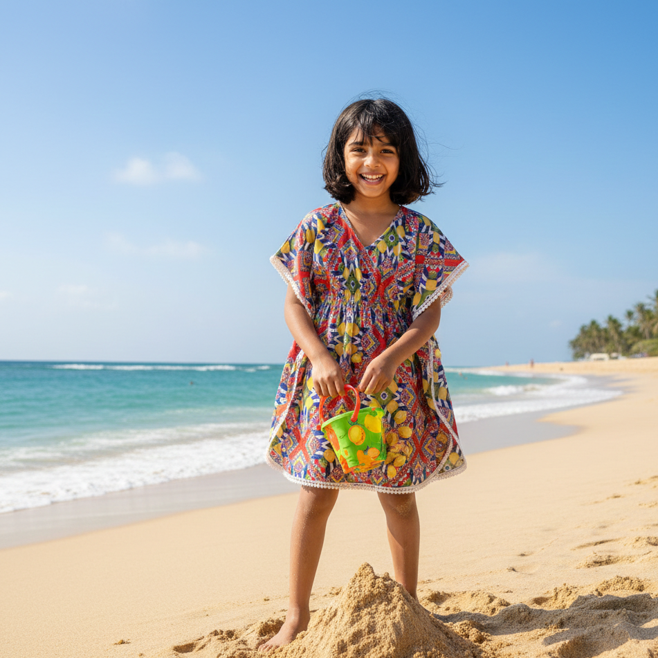 Colorful girls swim wear for girls up to 12, lemon printed lightweight beach kaftan for summer swimwear