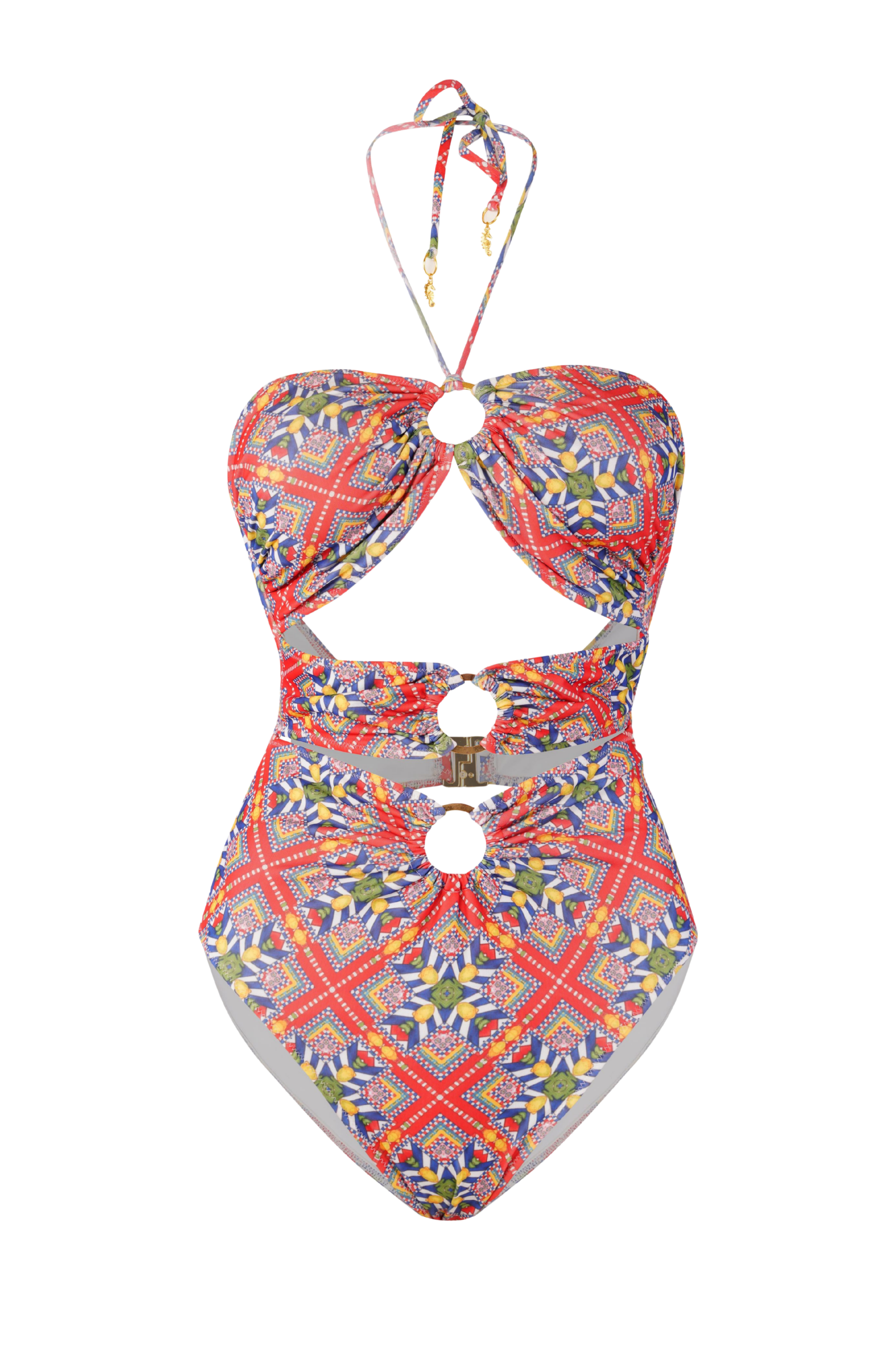 Designer Tuscany monokini swimsuit for women in red geometric print, stylish cut-outs, halter neck tie, gold rings, high waist bottom with regular butt coverage and a back clasp for a secured fit.