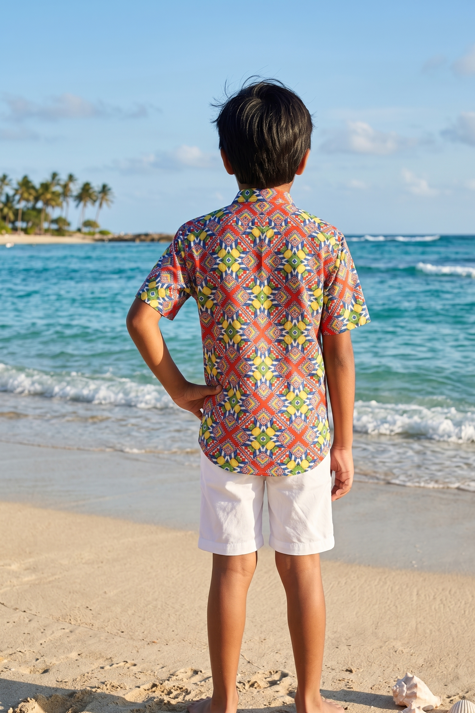 Designer Tuscany Shirt for boys in quick dry sustainable fabric with half sleeves, geometric print, easy button up, plus sizes and family sets. Comfortable, lightweight beachwear and resort wear for kids summer outings.