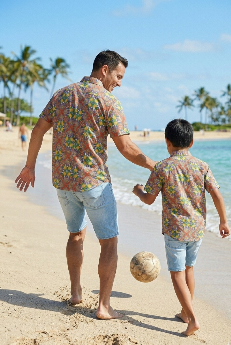 Tuscany shirt for men, colorful lemon geometric print, breathable stylish beachwear, summer resort wear, matching family set shirt