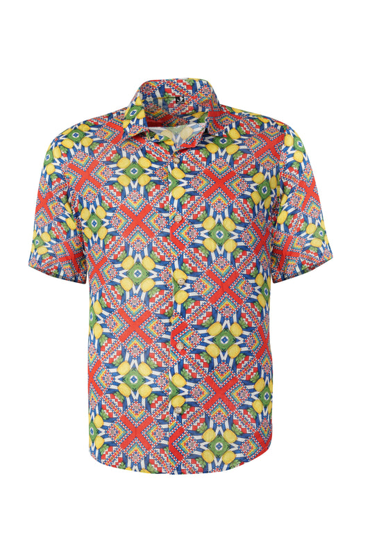 Tuscany shirt for men, colorful lemon geometric print, breathable stylish beachwear, summer resort wear, matching family set shirt