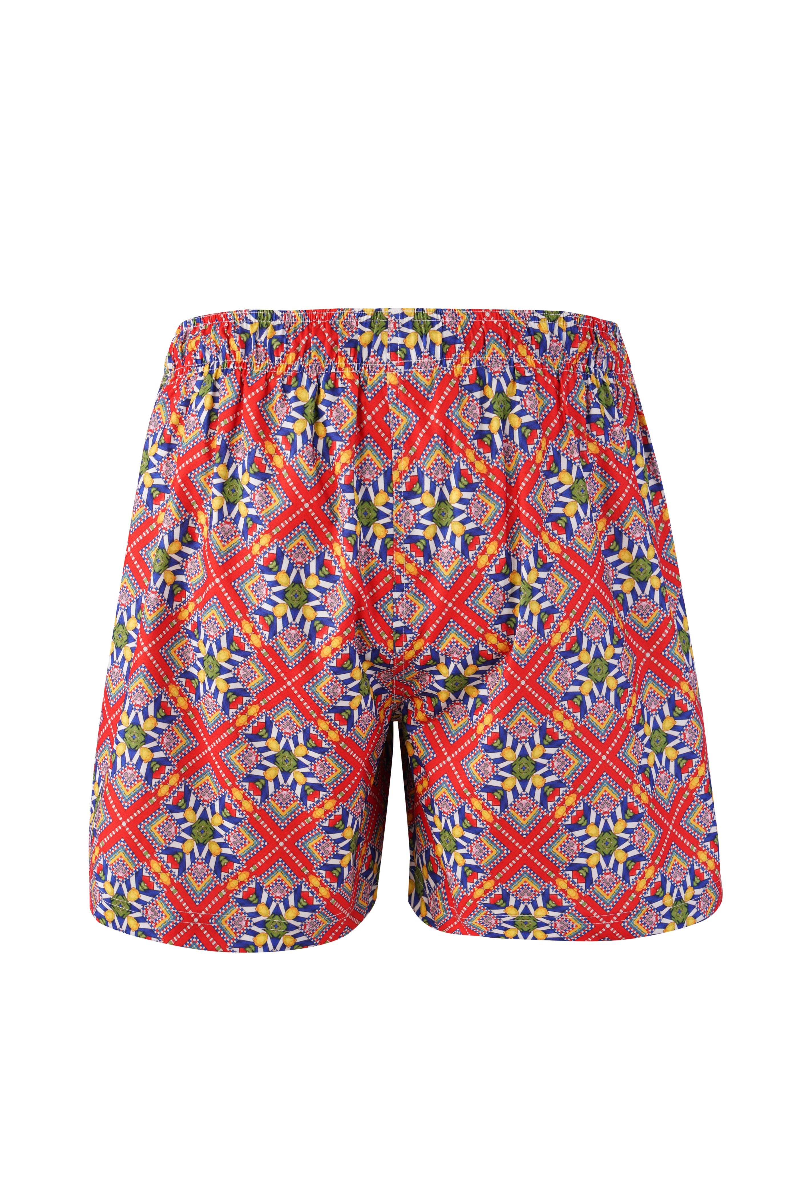 Designer Tuscany boy's swim shorts in quick-dry fabric with geometric design, elastic waistband, adjustable drawstring, plus sizes and family set. Comfortable swimwear for beach and holiday outings.