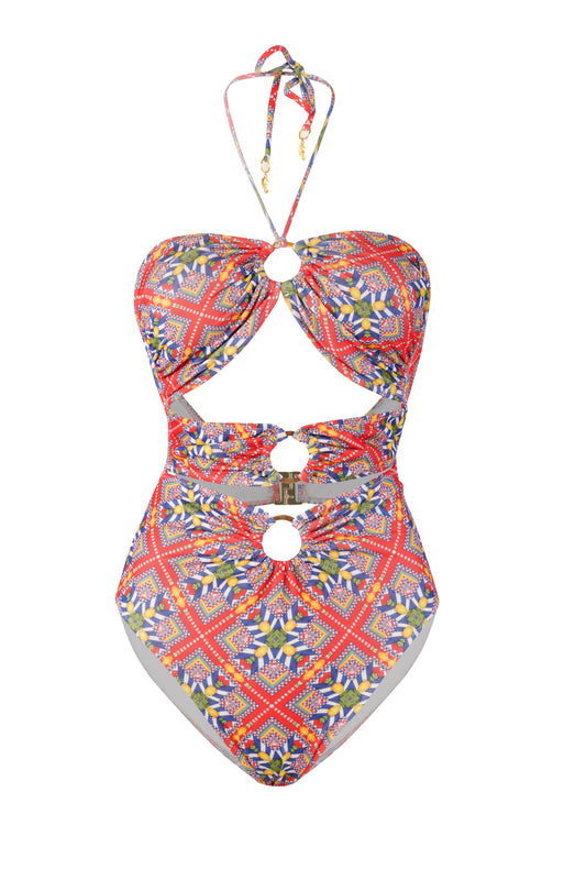 Tuscany one-piece swimsuit for women, colorful geometric lemon print, stylish breathable beachwear, elegant resort wear, matching family set
