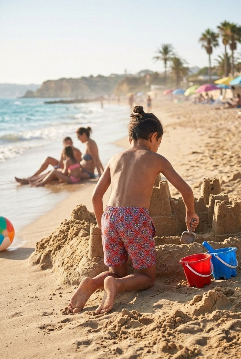 Designer Tuscany boy's swim shorts in quick-dry fabric with geometric design, elastic waistband, adjustable drawstring, plus sizes and family set. Comfortable swimwear for beach and holiday outings.