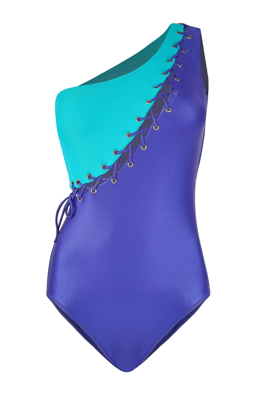 Verona monokini for women, blue and aqua one piece swimsuit with lace up detail, stylish beachwear swimwear