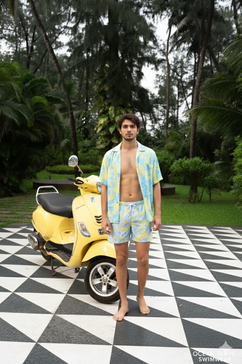 Model wearing Bergamo shorts for men in blue tropical print, styled as designer beachwear and stylish summer wear for men.