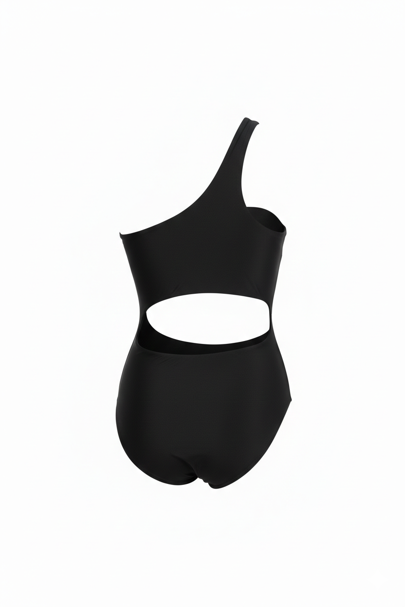 Women’s Cordelia black monokini with cut out design and asymmetrical strap, stylish modern one piece beachwear

