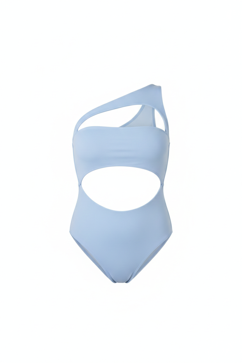 Women’s sky blue Cordelia monokini with asymmetrical strap and waist cut out, elegant modern one piece beachwear