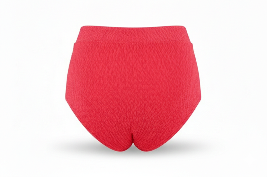 Designer Capri Bikini Bottom for women in hot pink crinkled fabric and a high waist fit with full butt coverage .Customizable and in plus sizes. Stylish swimwear for sexy summer looks.