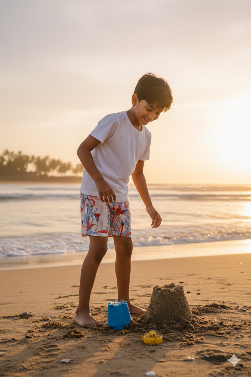 Firenze boys swim shorts with coral print, blue and red designer beachwear, matching family set, summerwear stylish