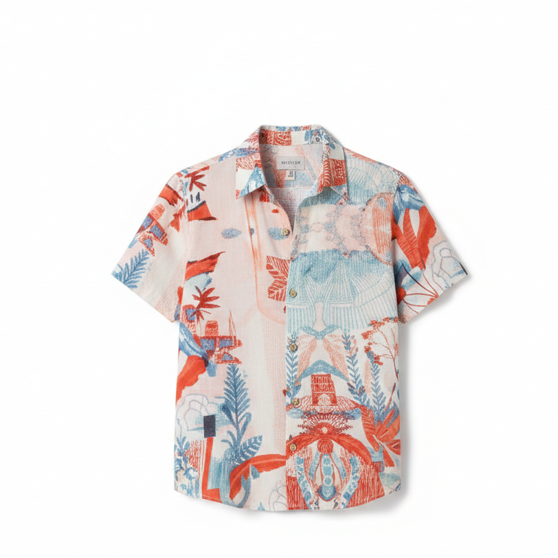 Firenze men shirt in tropical print, stylish sustainable summer beachwear for men with modern elegant resort vibe