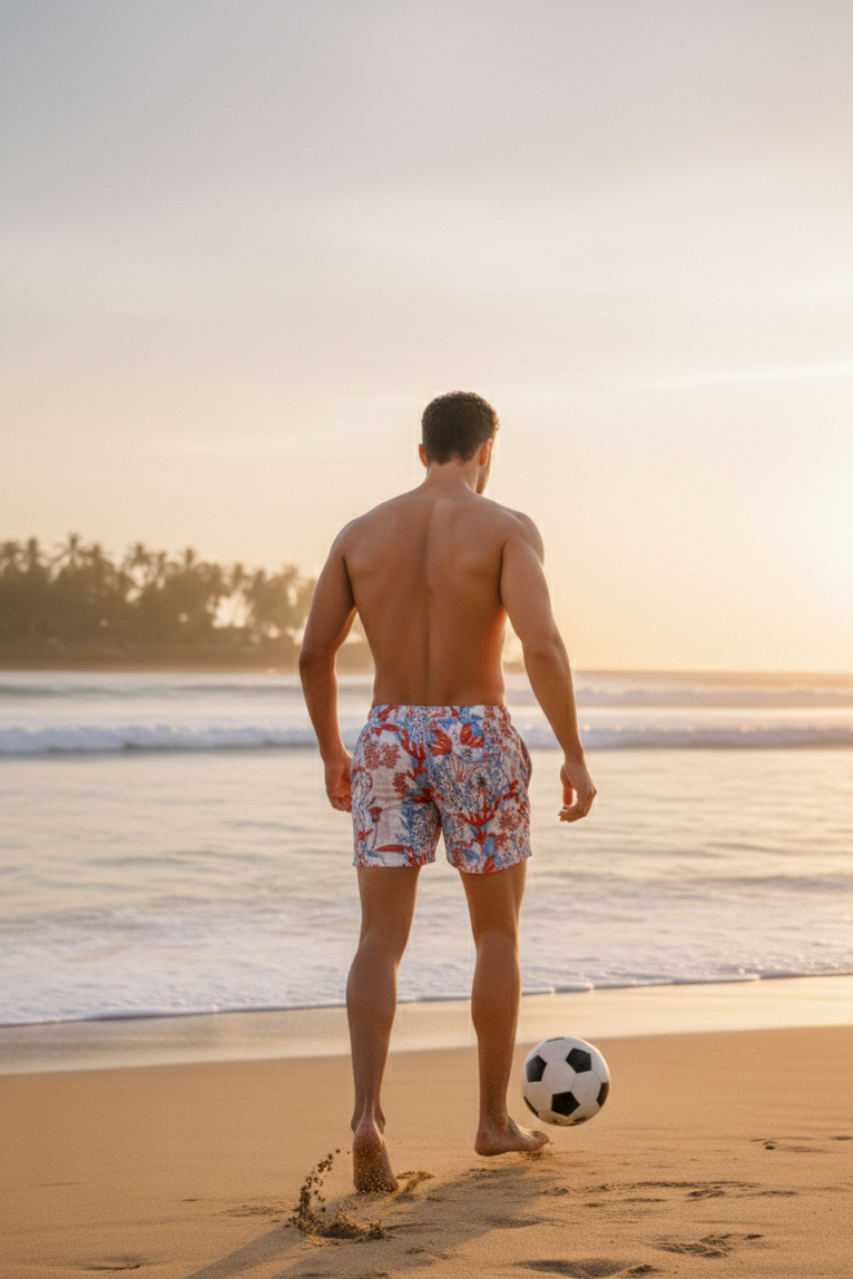 Firenze men’s coral print swim shorts, red and blue designer beachwear, stylish summer wear, matching family set