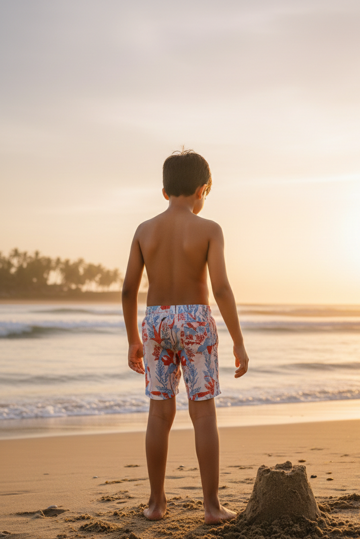 Designer Firenze shorts for boys in artistic tropical printed sustainable fabric, elastic waistband, adjustable drawstring ,plus sizes and matching family set. Comfortable swimwear shorts for kids.