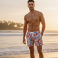 Firenze men’s coral print swim shorts, red and blue designer beachwear, stylish summerwear, matching family set