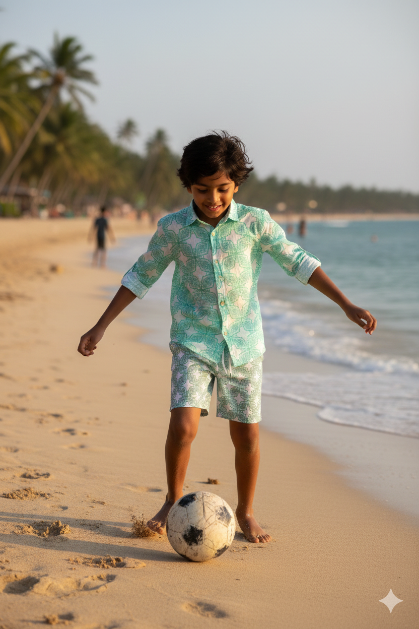 Milano boys shirt in blue geometric print, stylish comfortable summer beachwear for kids with matching family set