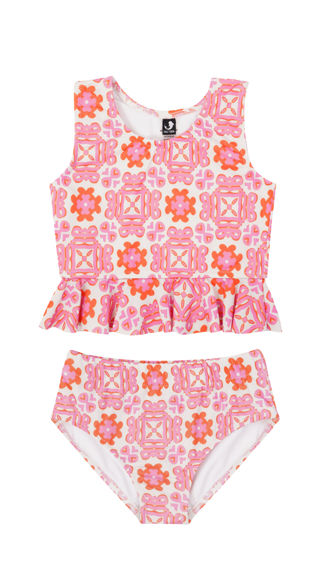 Positano swimsuit for girls up to 12 years, pink and orange printed peplum bikini set with mid waist bottoms