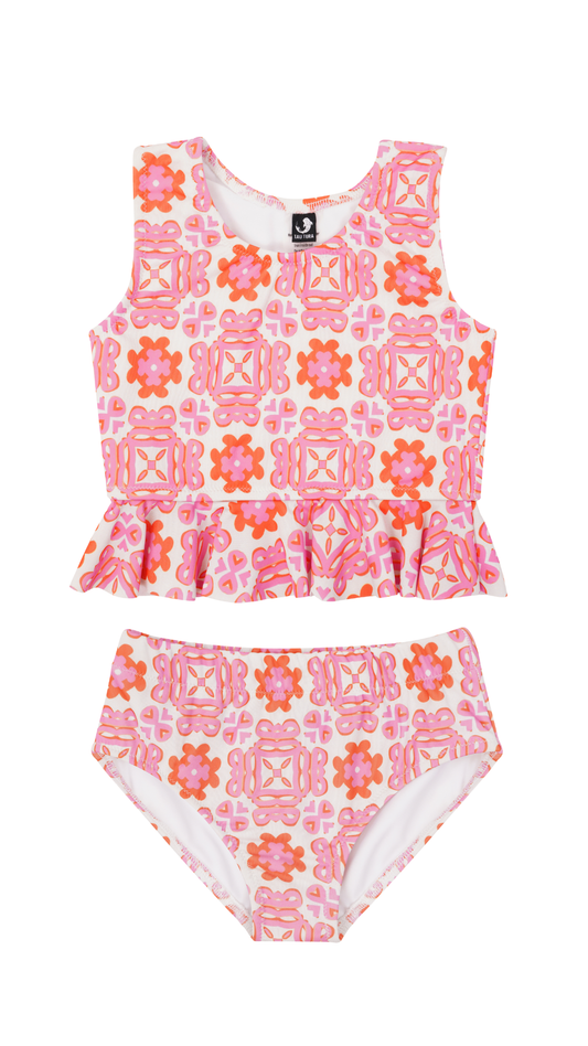 Positano swimsuit for girls up to 12 years, pink and orange printed peplum bikini set with mid waist bottoms