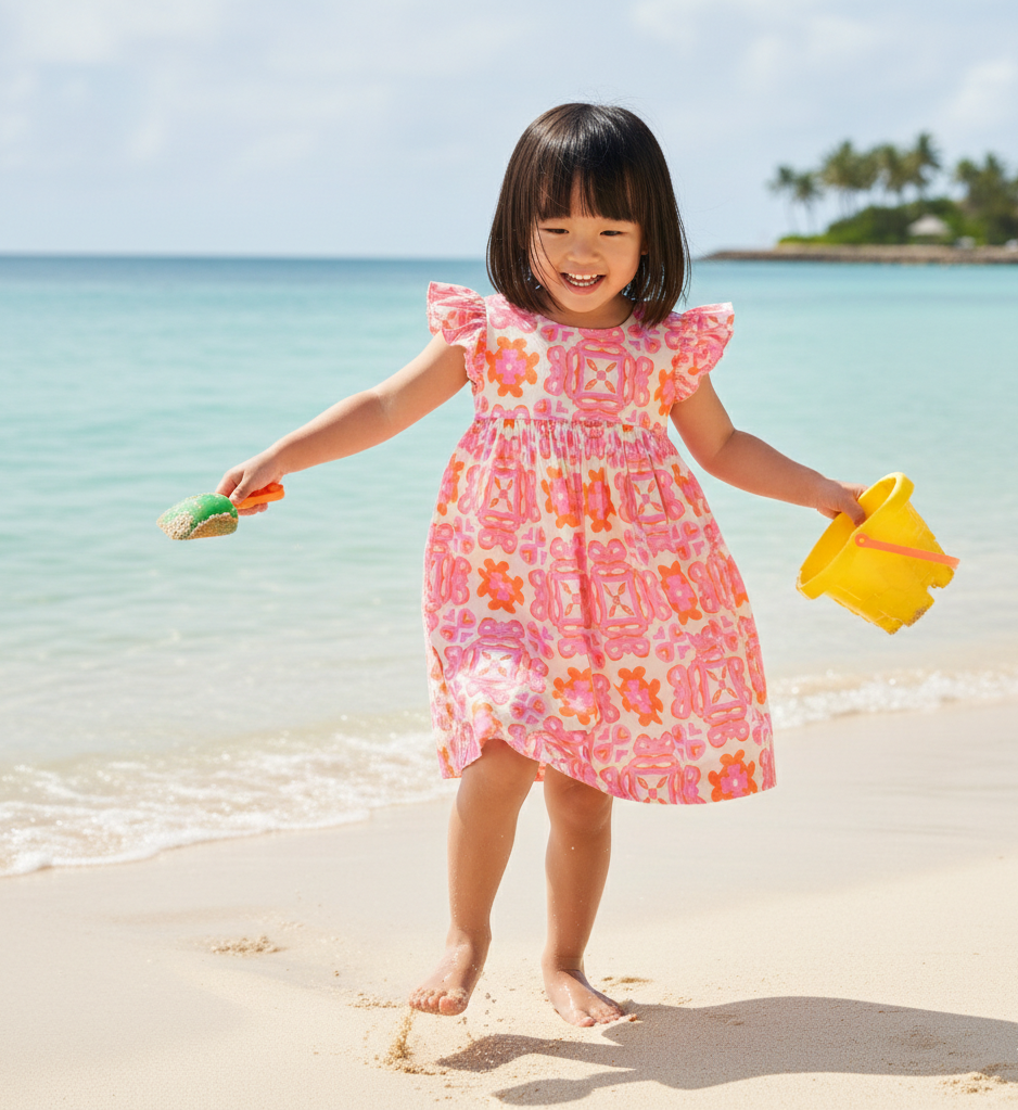 Positano Girls Dress for girls up to 12, pink and orange floral print with flutter sleeves, perfect beach and summer wear.