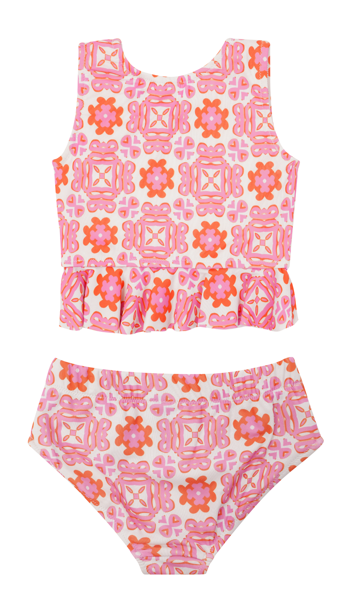 Positano swimsuit for girls up to 12 years, pink and orange printed peplum bikini set with mid waist bottoms