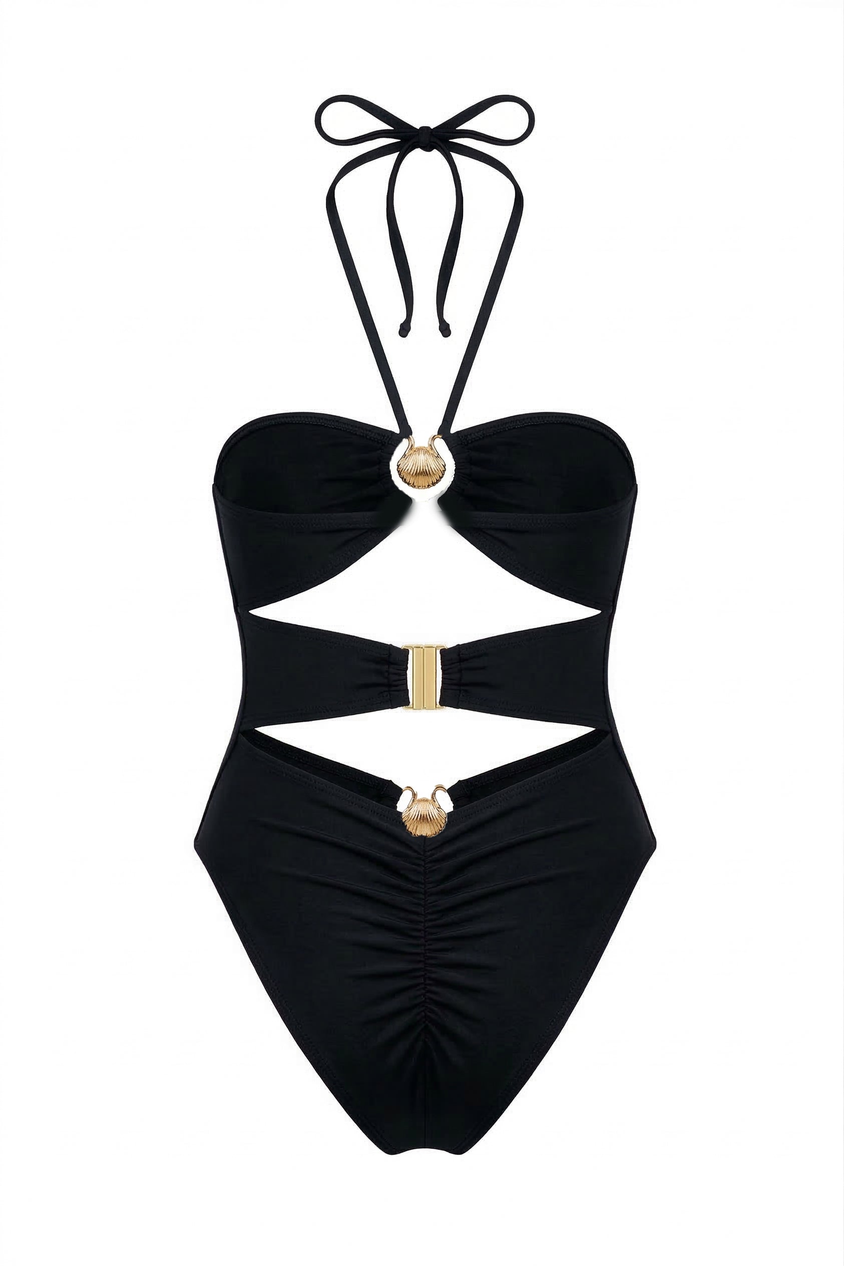 Designer, sexy maroon and black Triple Threat monokini swimsuit for women in quick-dry fabric with cut-outs, gold seashell ring, halter neck design removable cups, customized fit & plus sizes.