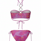 Pink printed bandeau bikini set with ring detail, luxury designer swimwear for stylish and comfortable beach wear